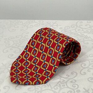 Giampiero Valenti Mens 100% Silk‎ Red & Gold Geometric Pattern Tie Made In Italy